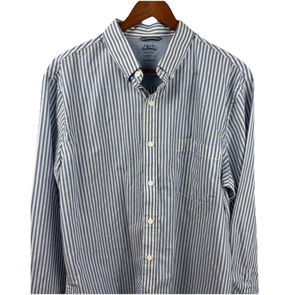 IZOD Saltwater NWT Blue White Striped Oxford Long Sleeve Shirt Size Large